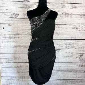 Vintage Y2K Deb Mini Dress Size XL Black Rhinestone Party One Shoulder Bodycon